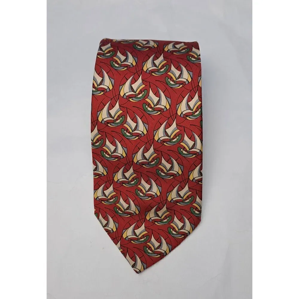 Salvatore Ferragamo Sails/Ships Themed Red Pure Silk Tie. Italy. W=3 5/8